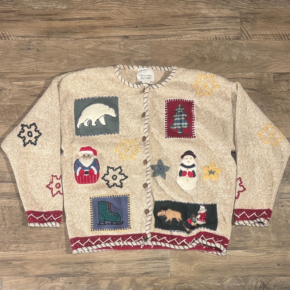 Christopher & Banks “Hand Embroidered” Cream and Red Sweater Festive Sweater